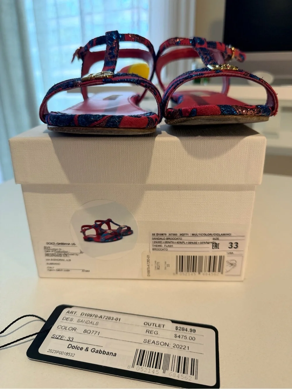 Dolce & Gabbana Red and Blue Embroidered T-Strap Sandals with Gold DG Accent